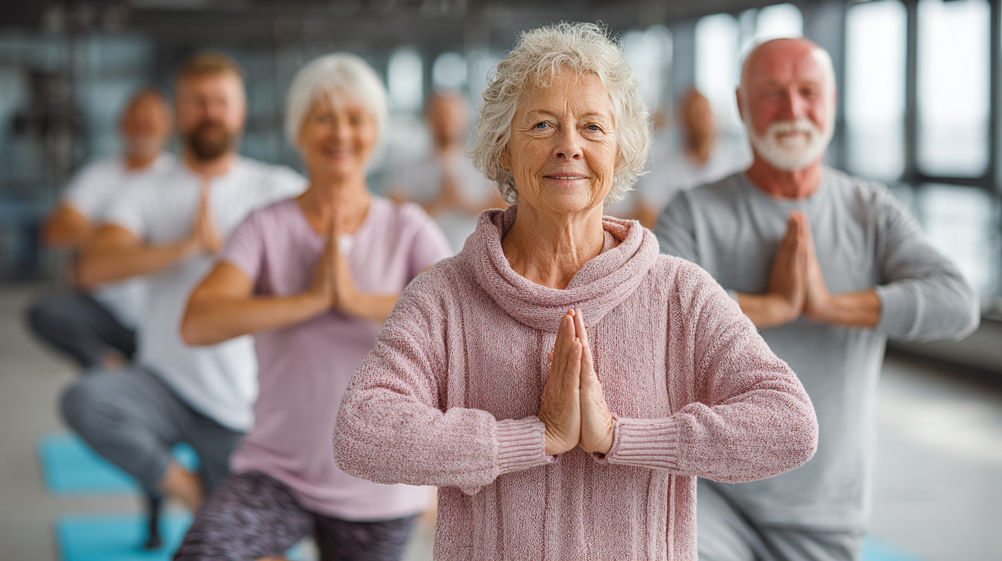 Група людей практикує йогу в світлій студії з природним освітленням