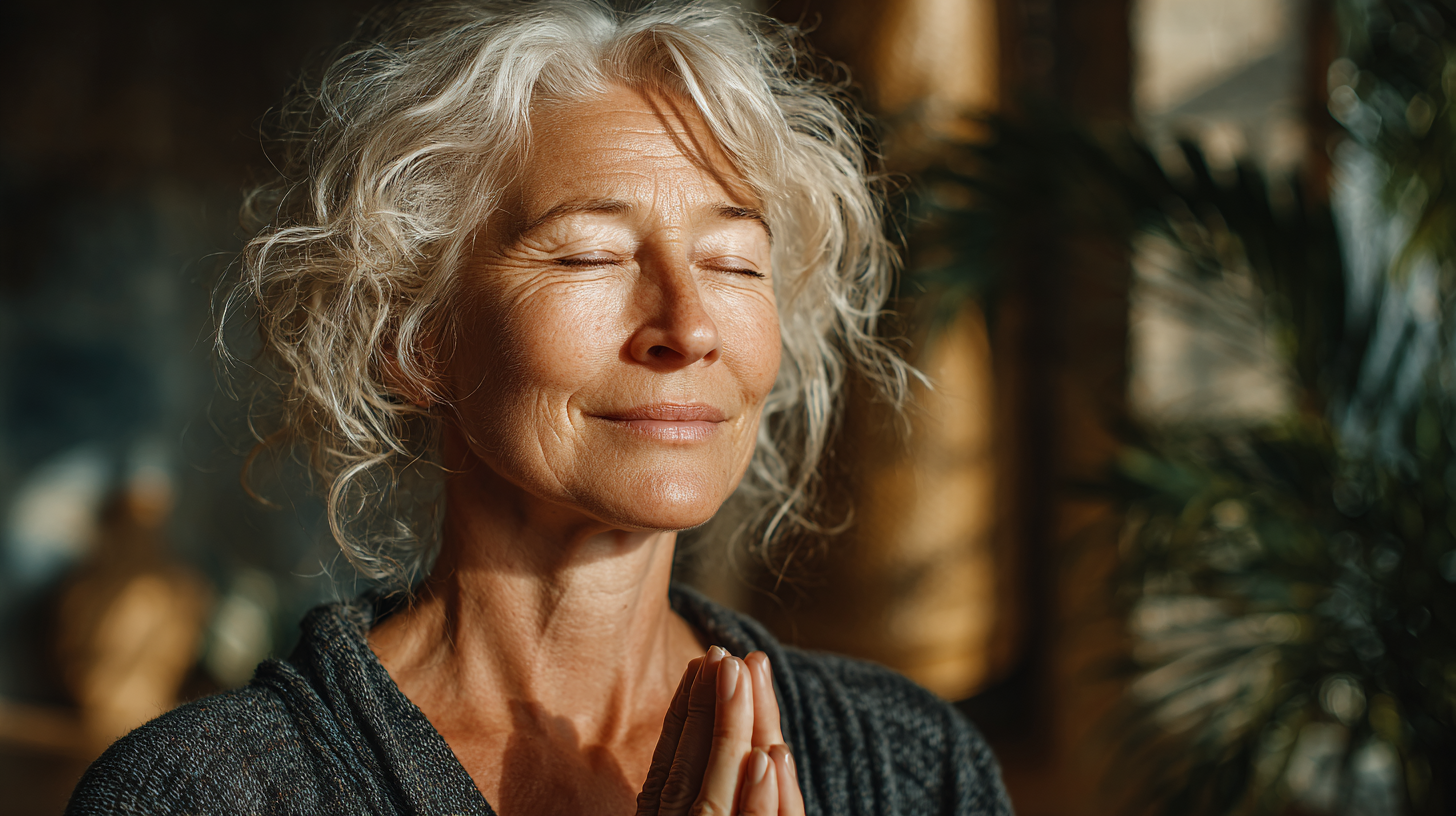 Жінка медитує в спокійному приміщенні з природним освітленням